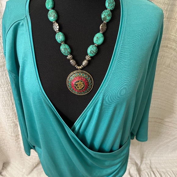 Turquoise Silk Blend Blouse - Picture 1 of 2